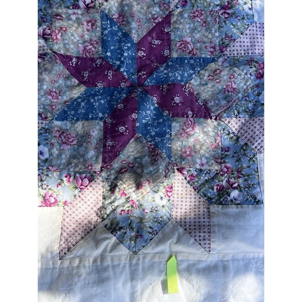 Vintage Cottage Floral Patchwork Quilted Pillow Shams Pair Blue Pink Zip Closure